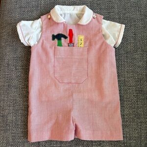 Vintage 2-Piece Red & White Shortall Set – Size 18–24 Months